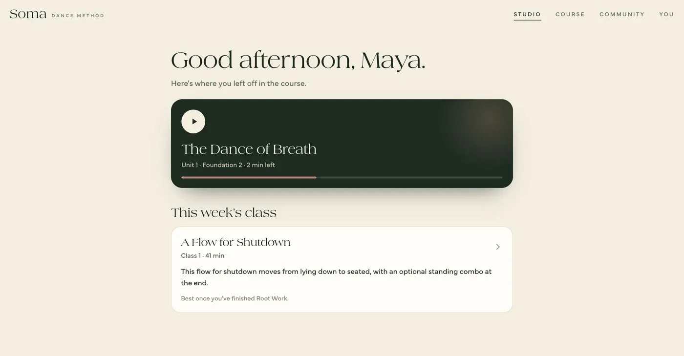 Soma Dance Method home on desktop